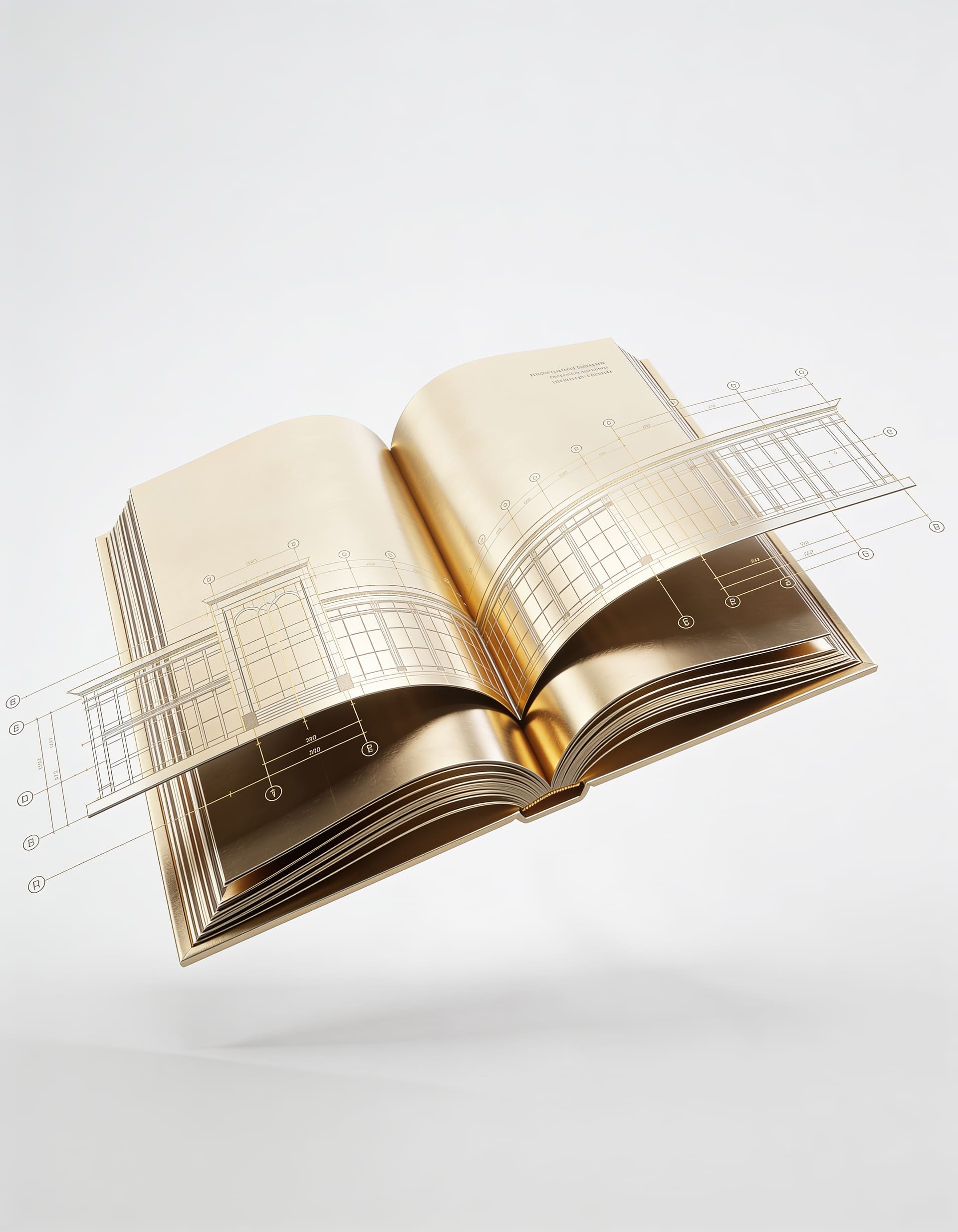 Open gold book with blueprint drawings floating above its pages