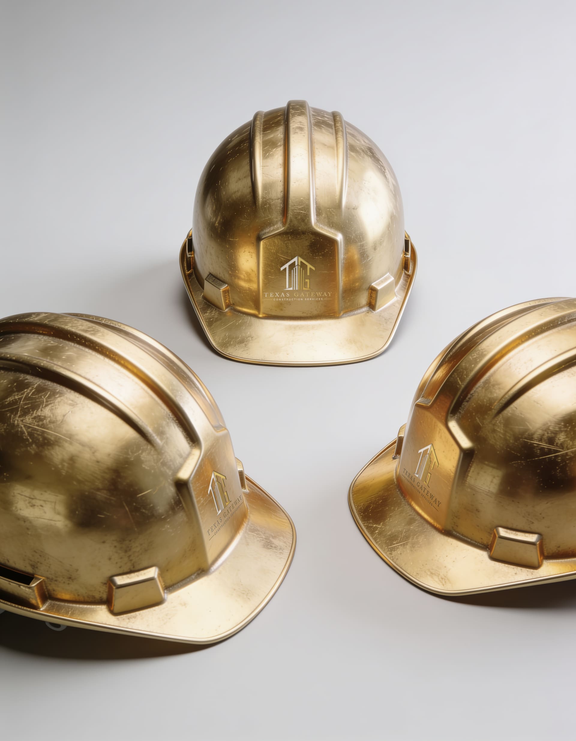 Three polished gold hard hats in pearl light