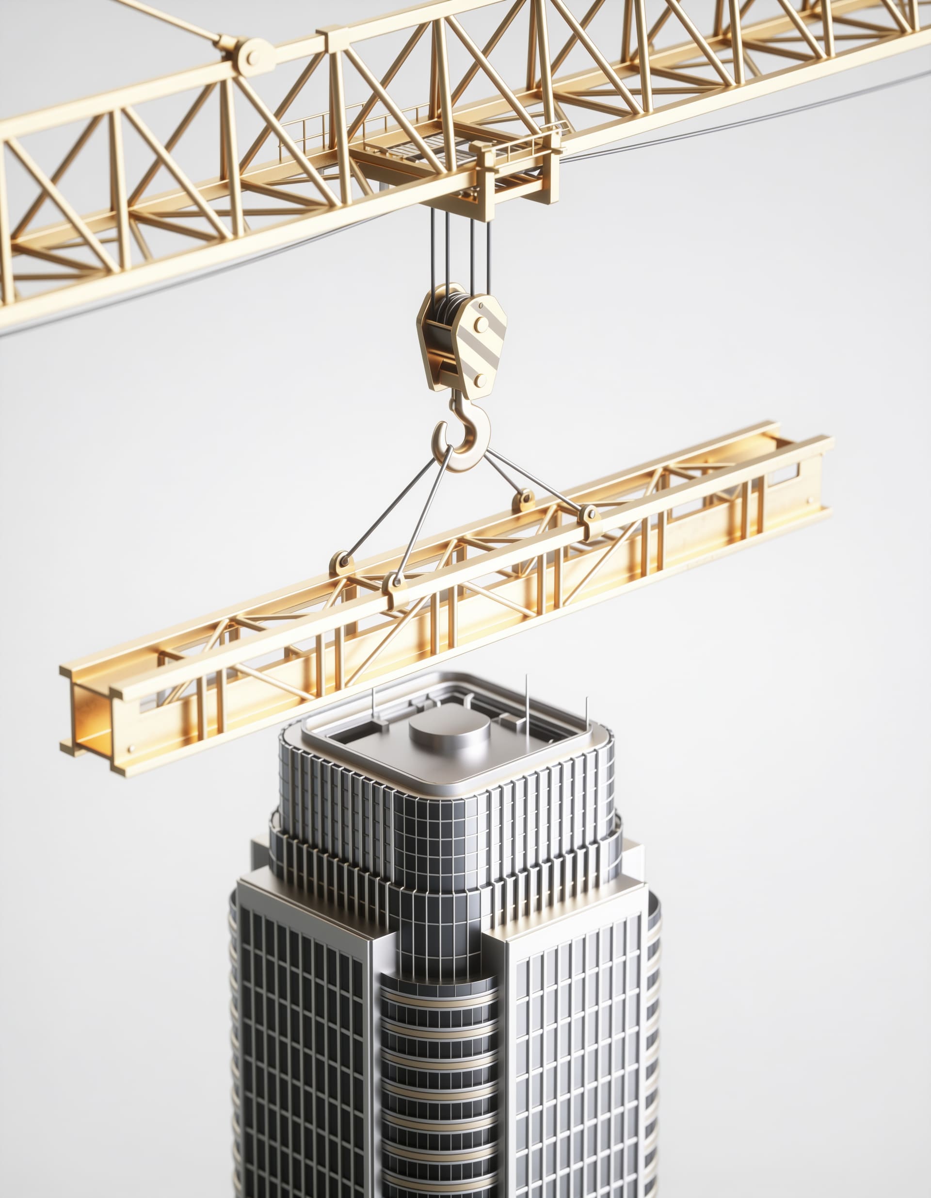 Gold tower crane lifting a silver skyscraper model