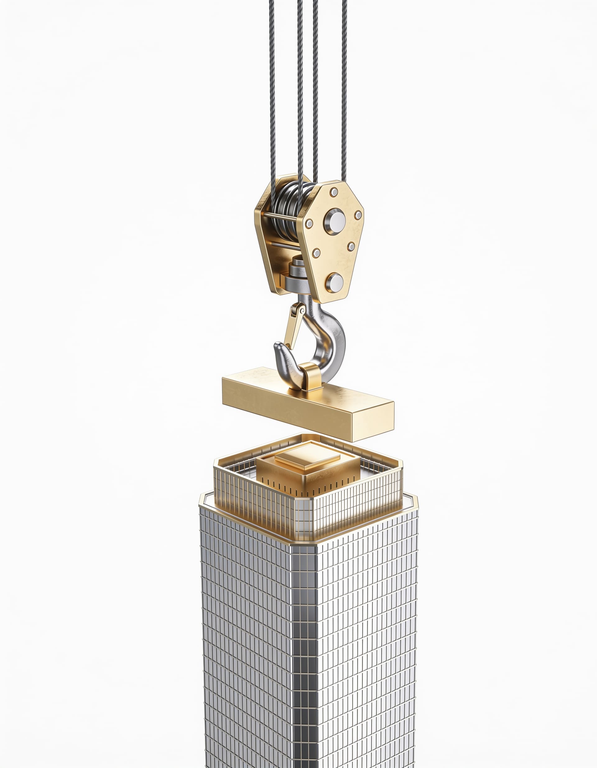 Gilded crane hook lowering a gold slab onto a silver tower model