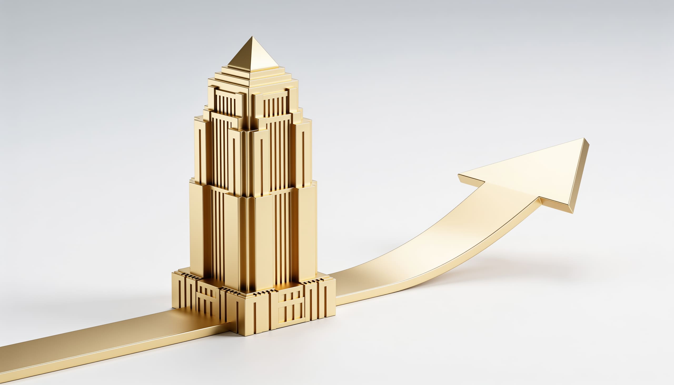 Gold art-deco tower standing on an upward gold arrow