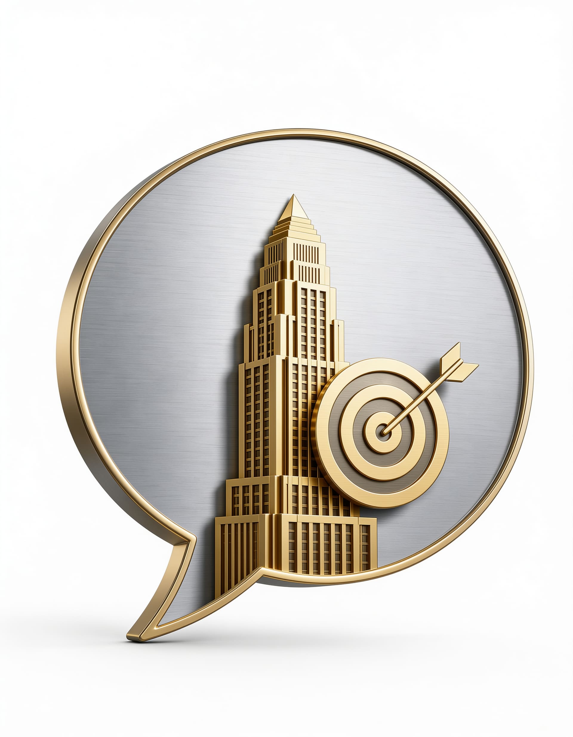 Gold medallion bearing an art-deco tower and target dart