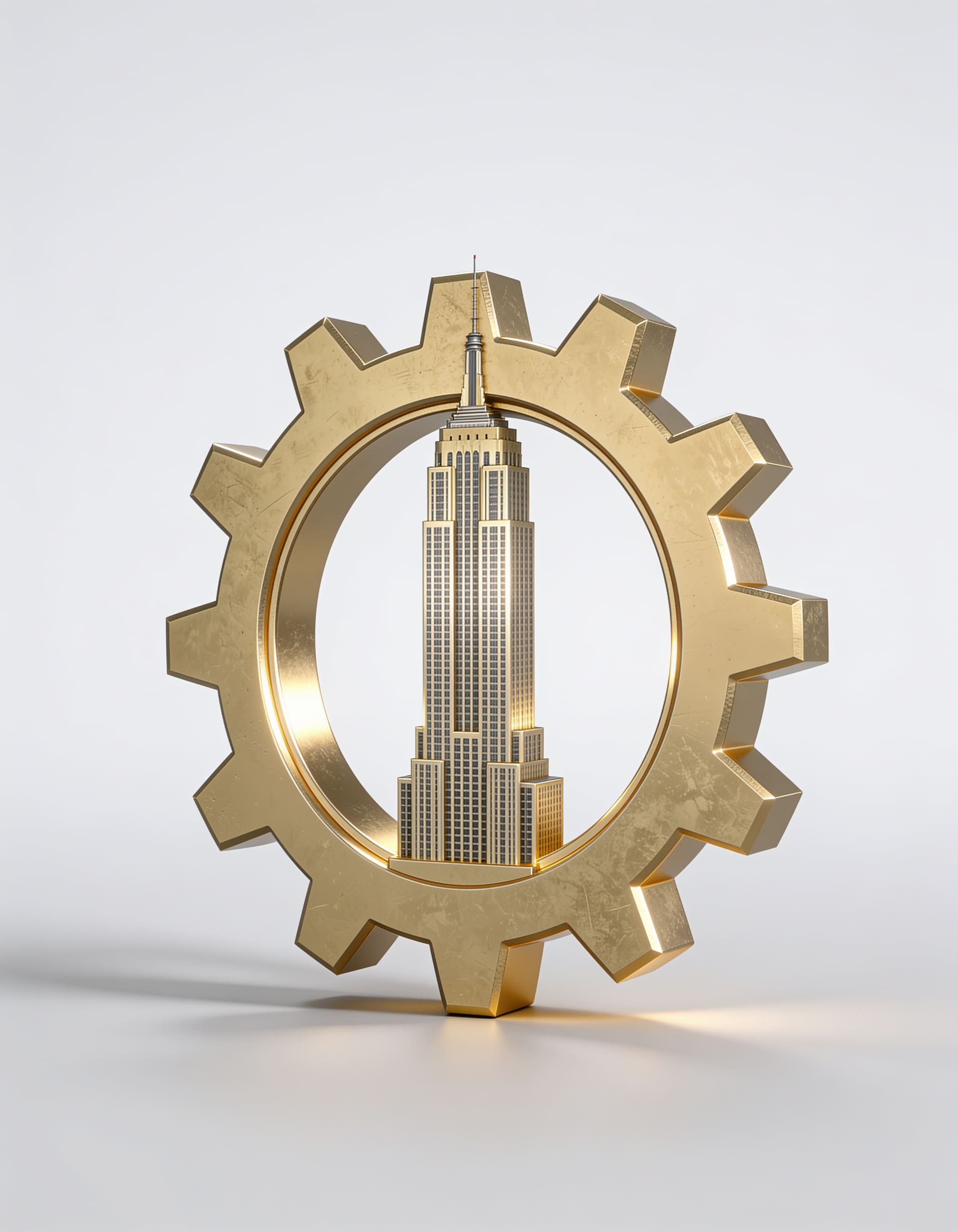 Gold gear ring encircling an art-deco tower