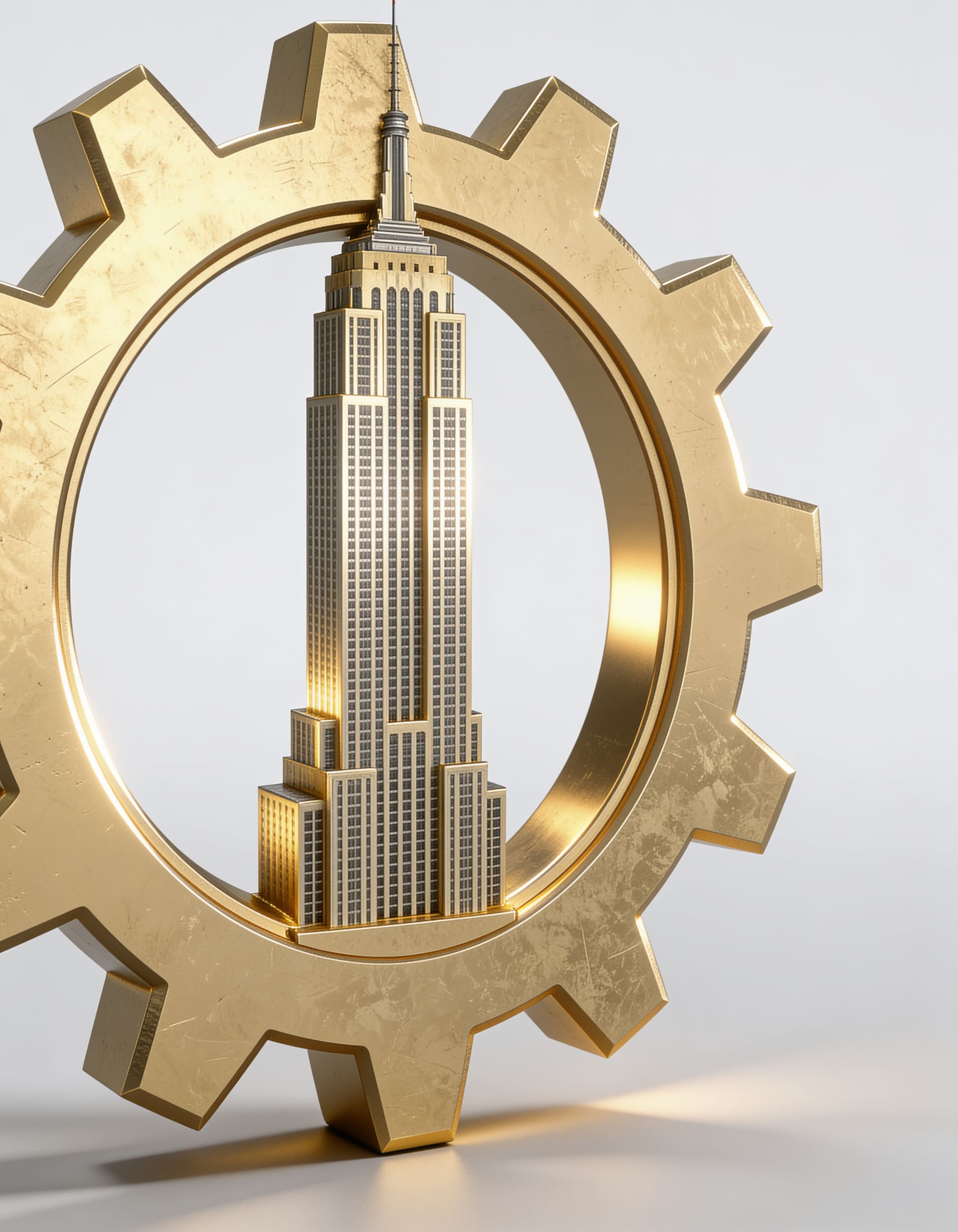 Gold gear ring encircling an art-deco tower, floating in pearl light