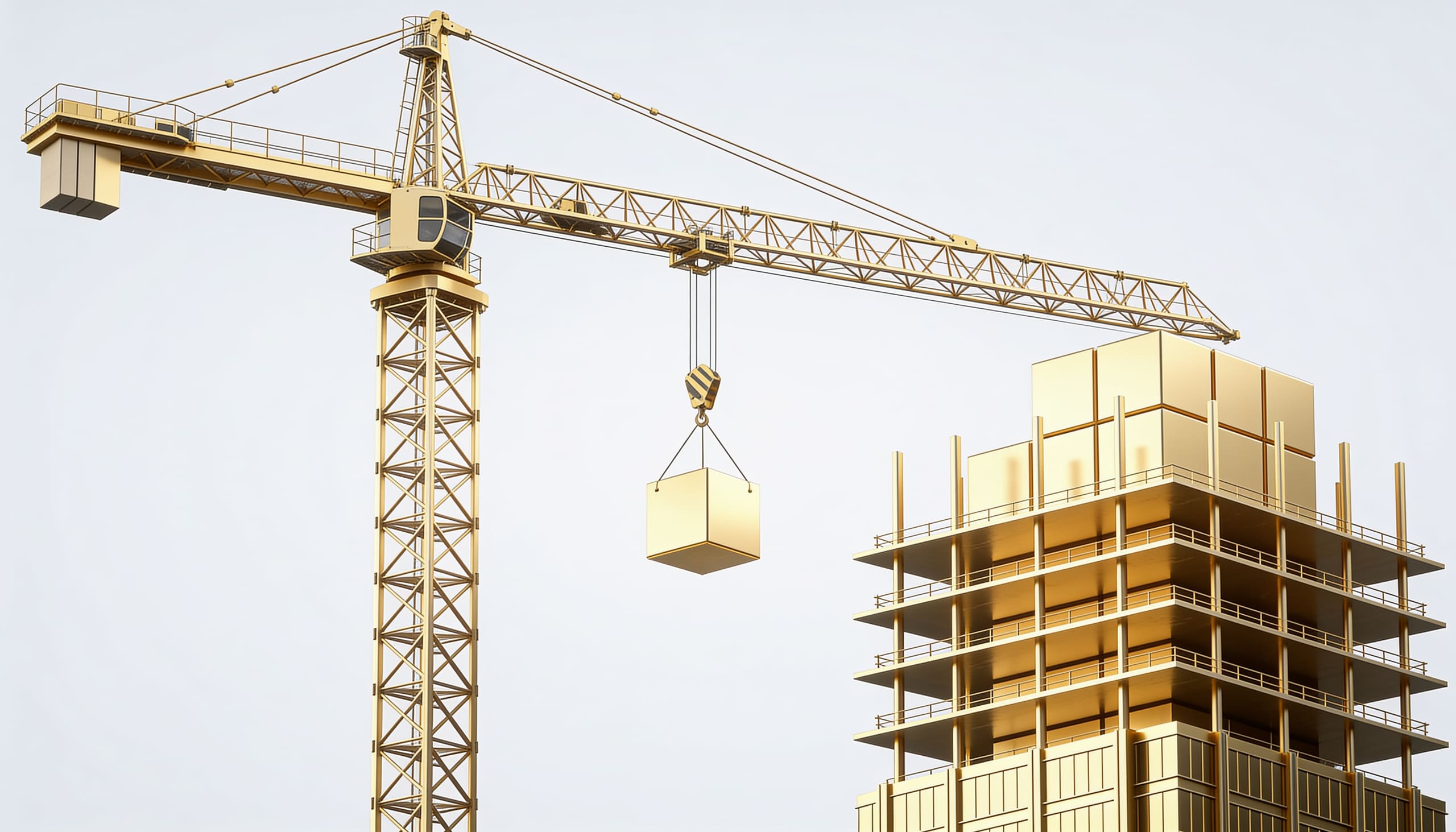 Gold tower crane assembling a building of gold blocks