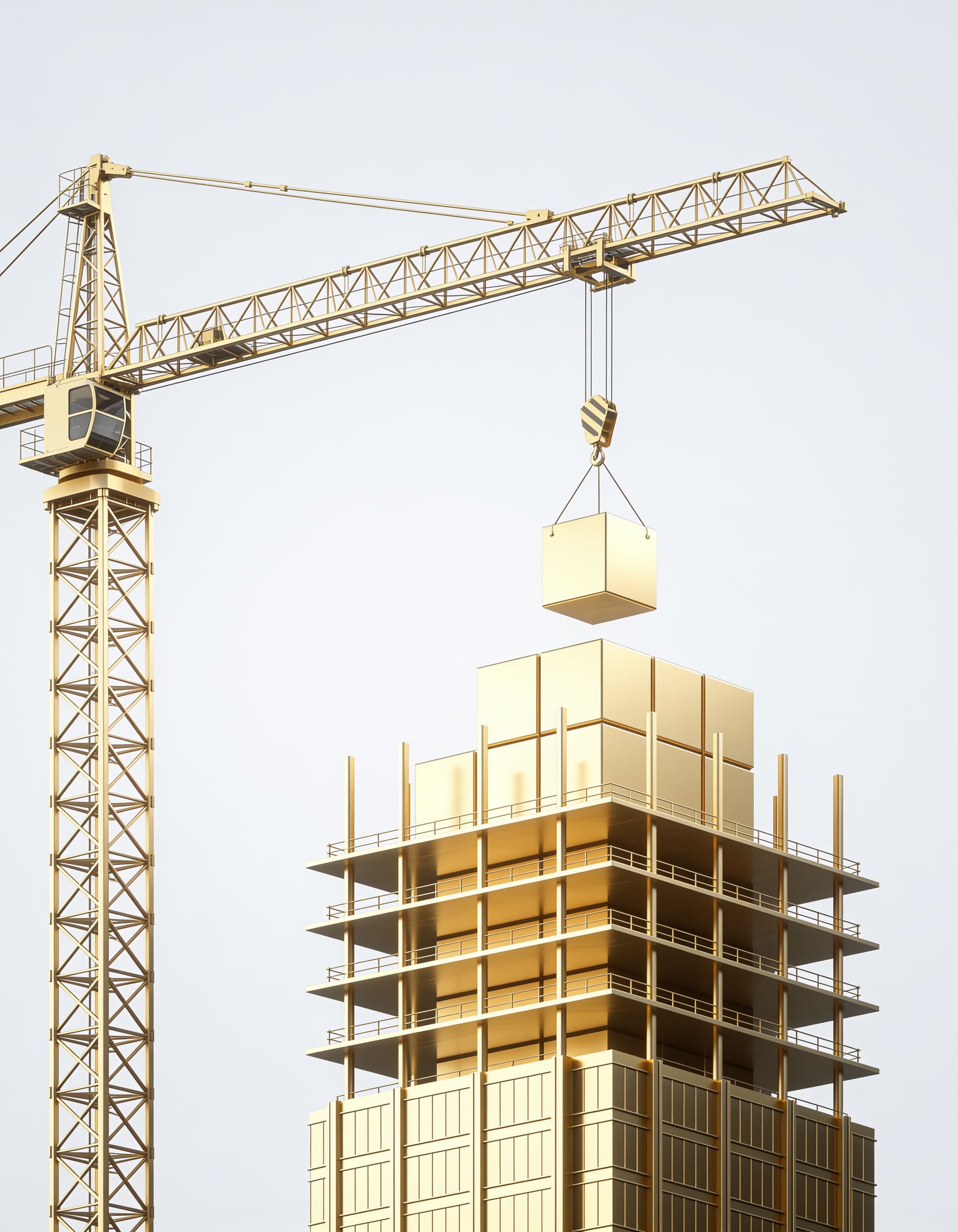 Gold tower crane assembling a building from gold blocks