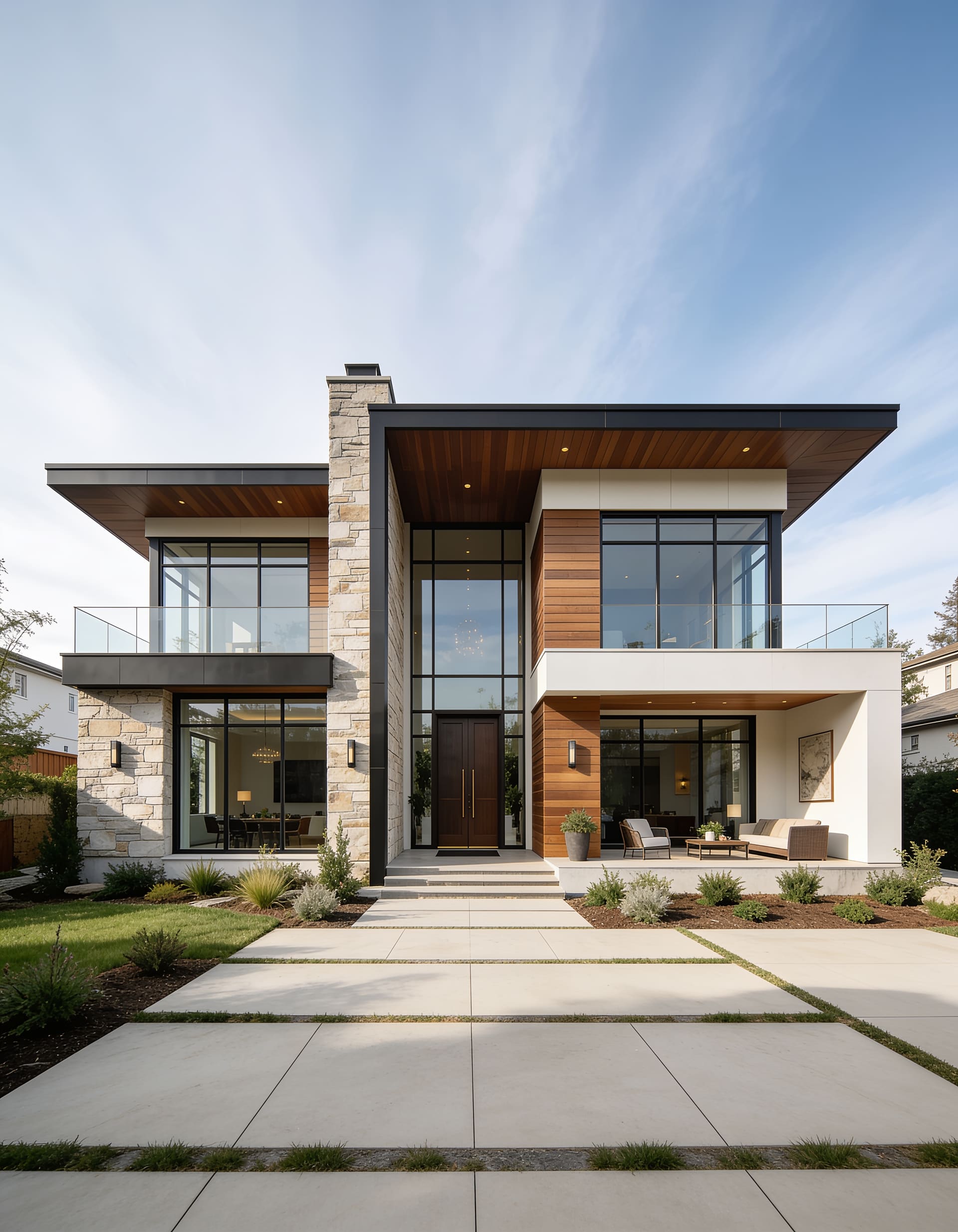 Two-story custom home with wood and stone facade