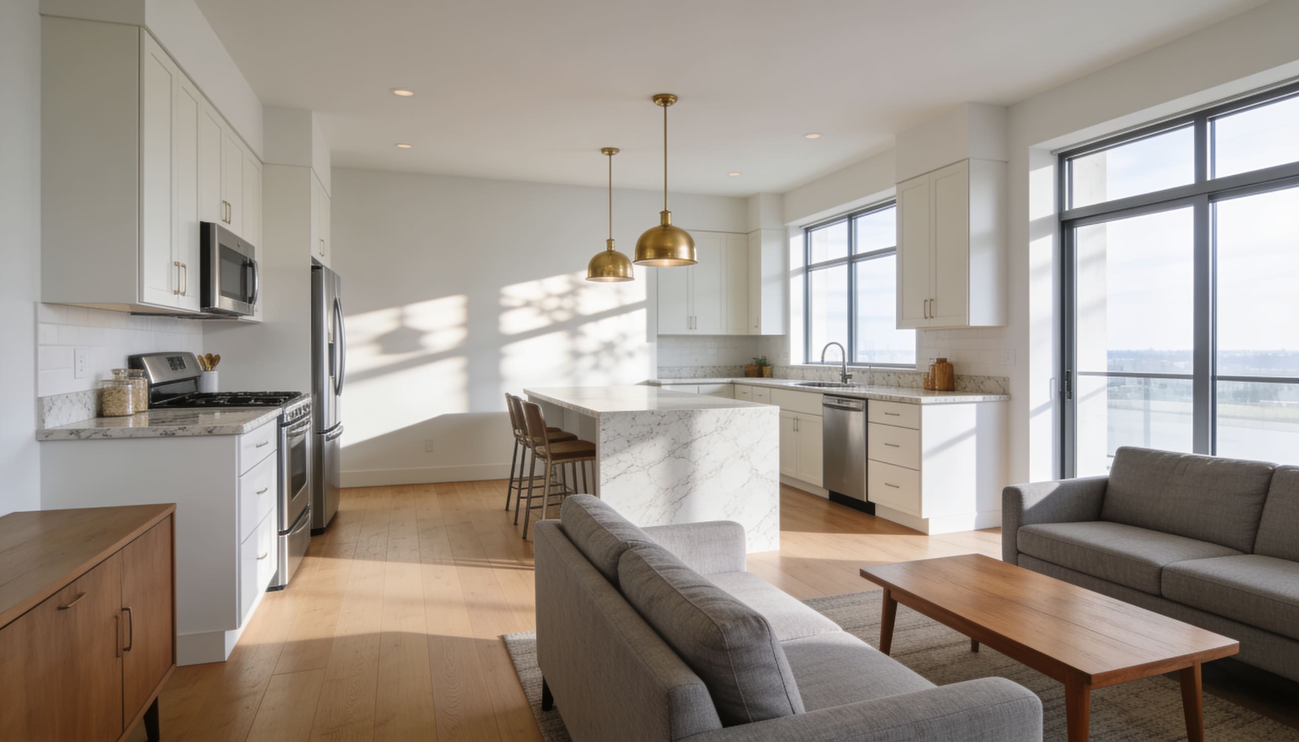 Bright renovated interior with island kitchen and seating
