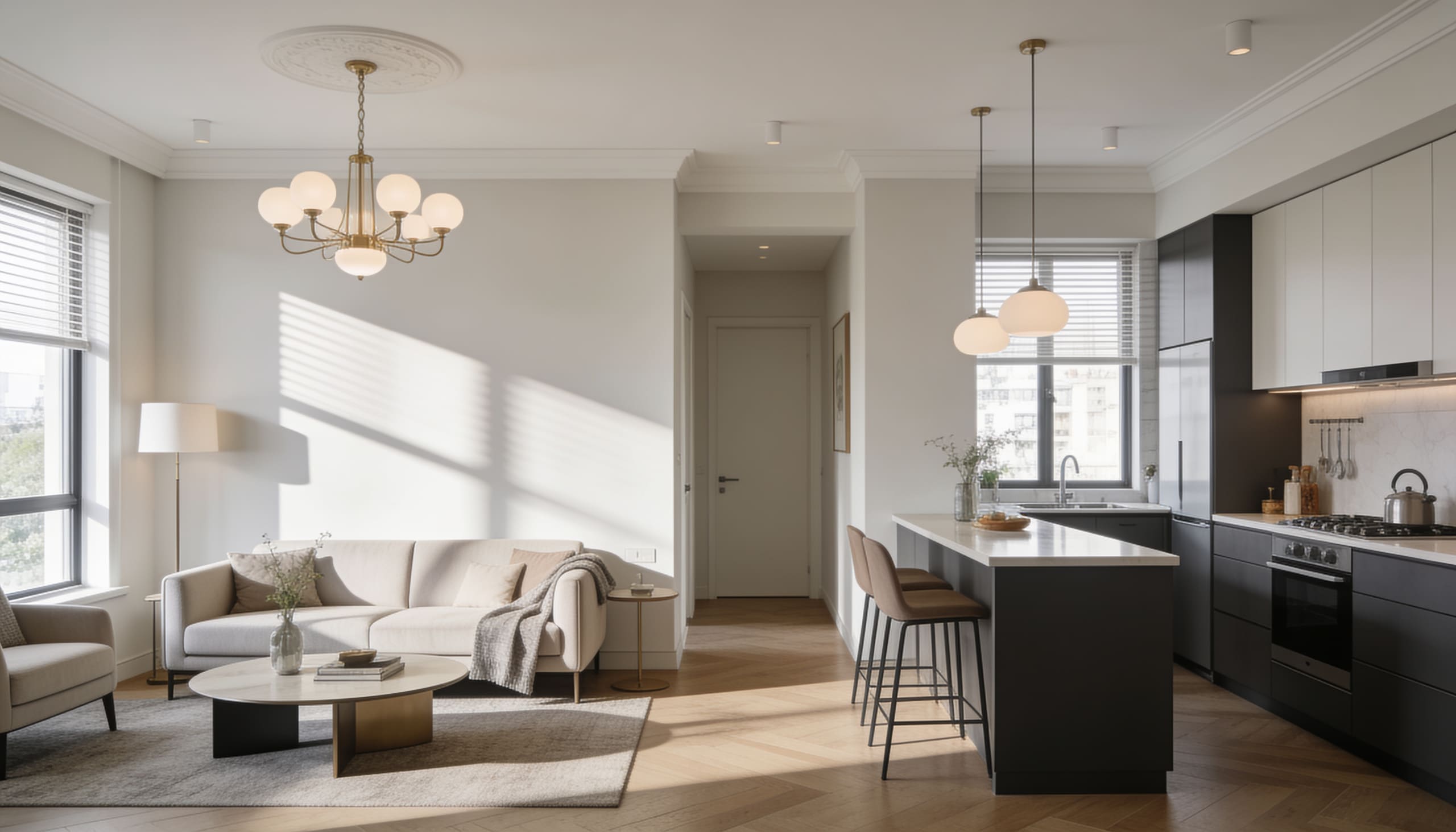 Bright renovated interior with island kitchen and seating