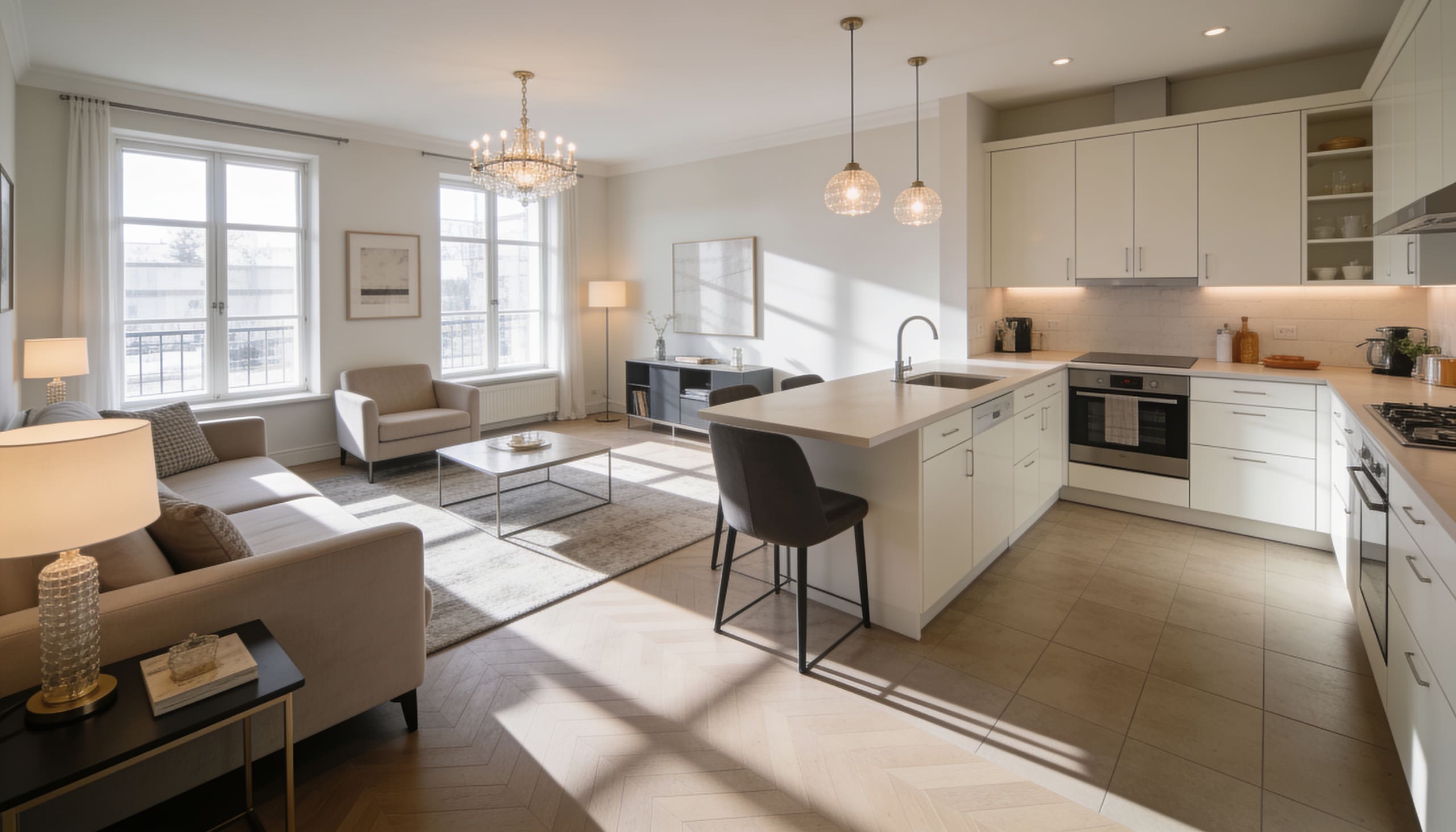 Finished light-filled interior with dark plank flooring