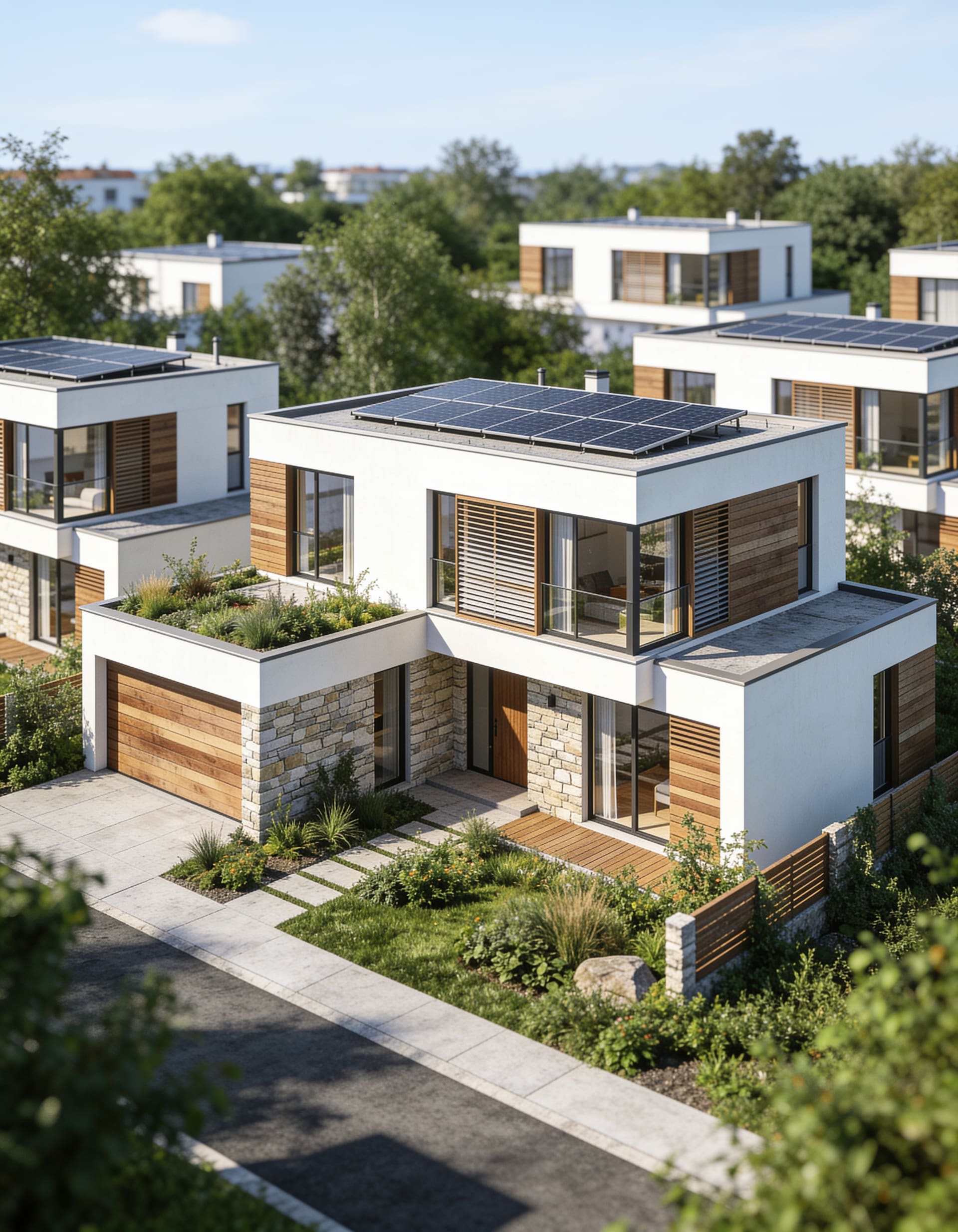 Sustainable homes with green roofs seen from above