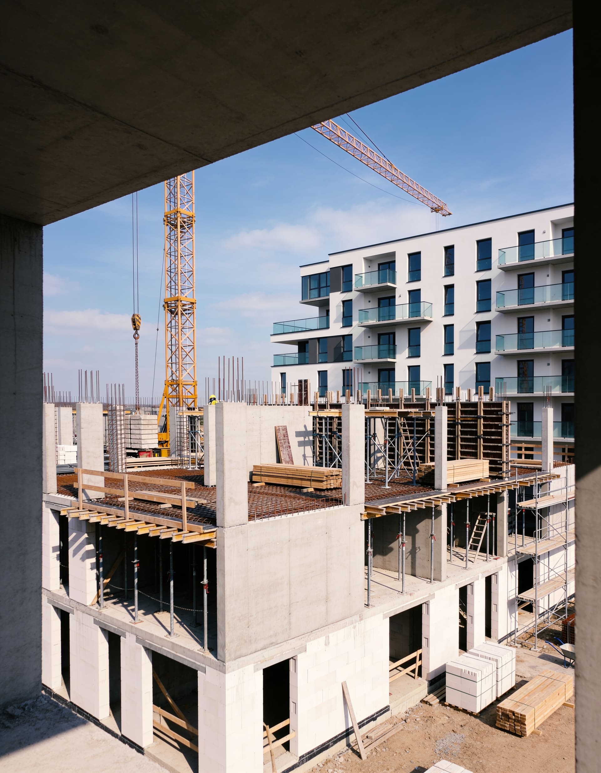 Concrete structure rising behind site scaffolding and a tower crane
