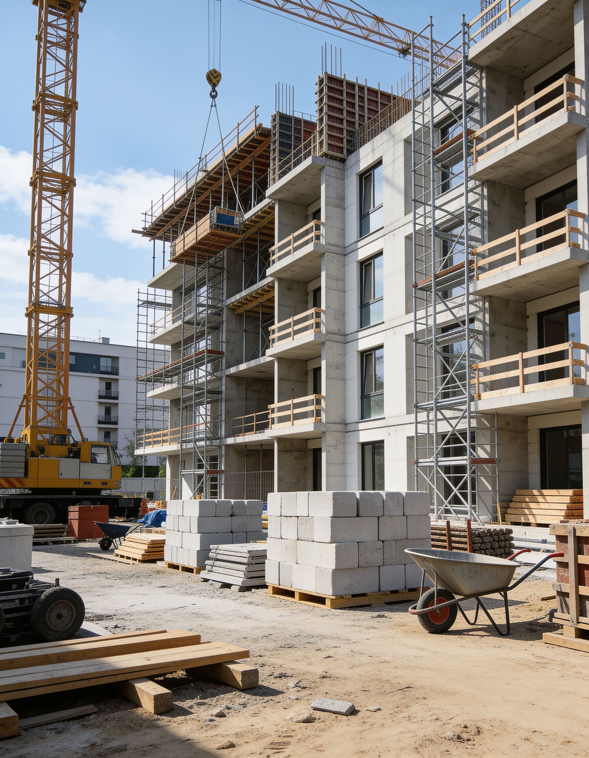 Concrete structure rising behind site scaffolding and a tower crane