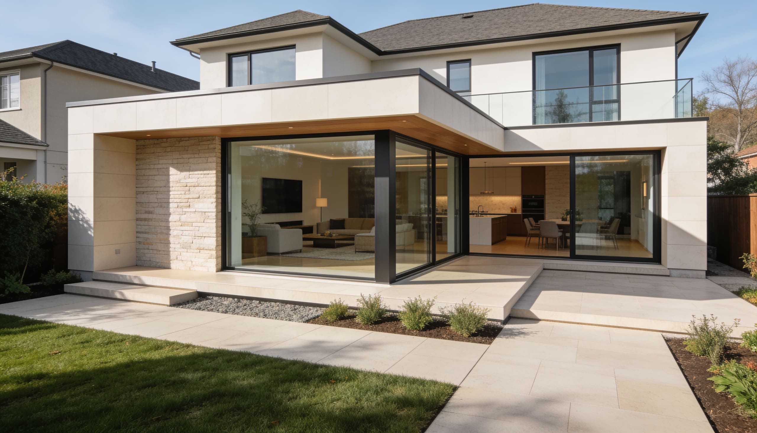 New glazed living-space addition extending a stone house