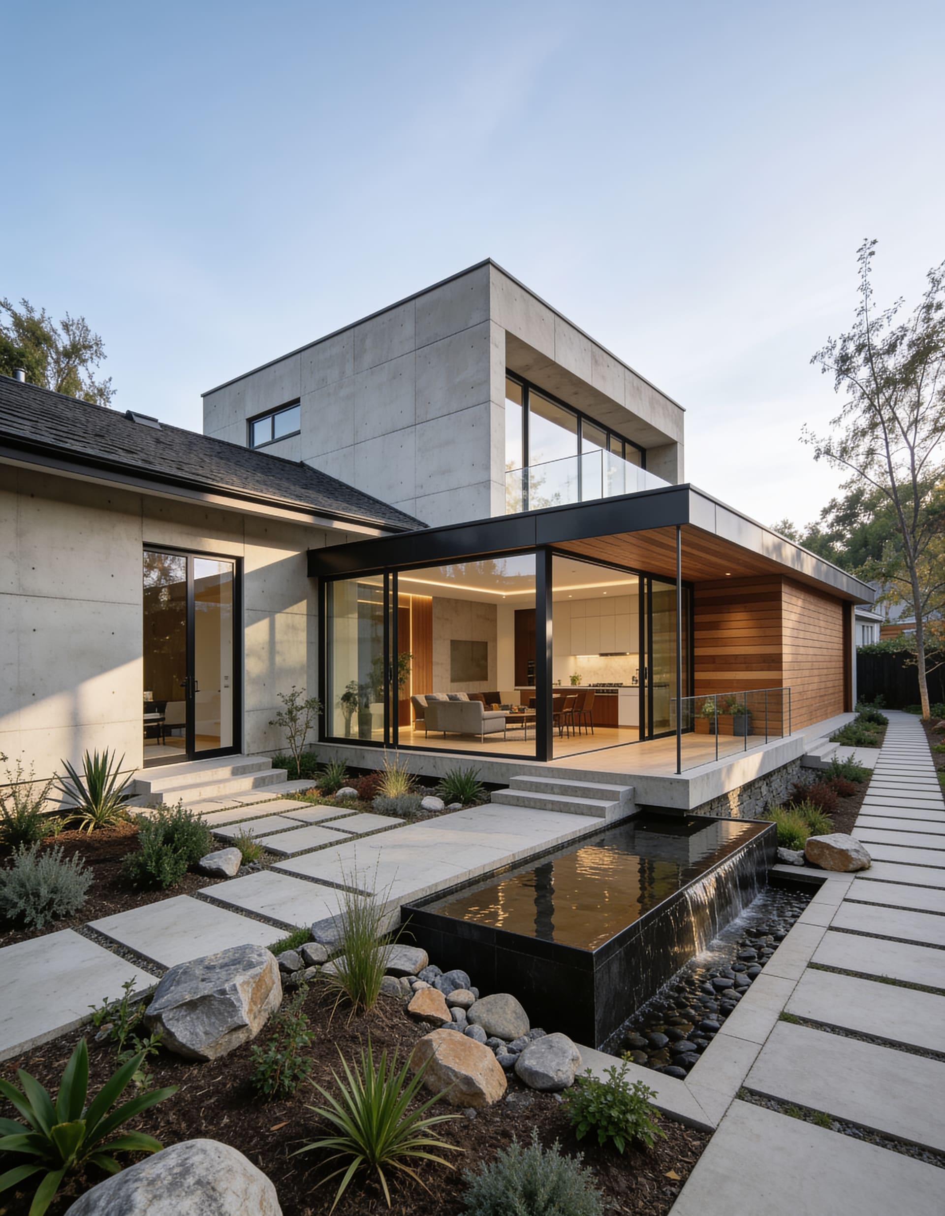 Home addition with floor-to-ceiling glazing beside a garden path