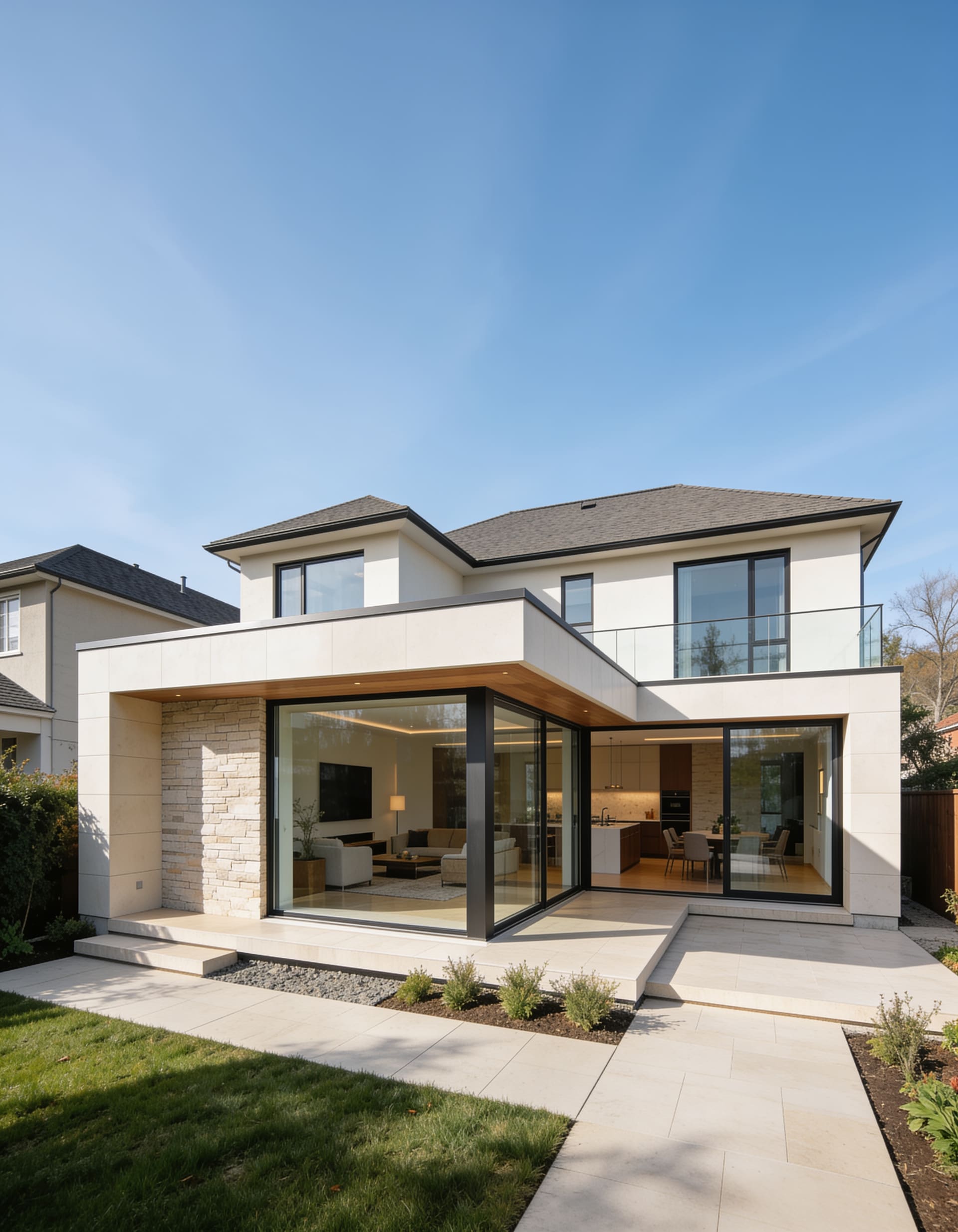 New glazed living-space addition extending a stone house