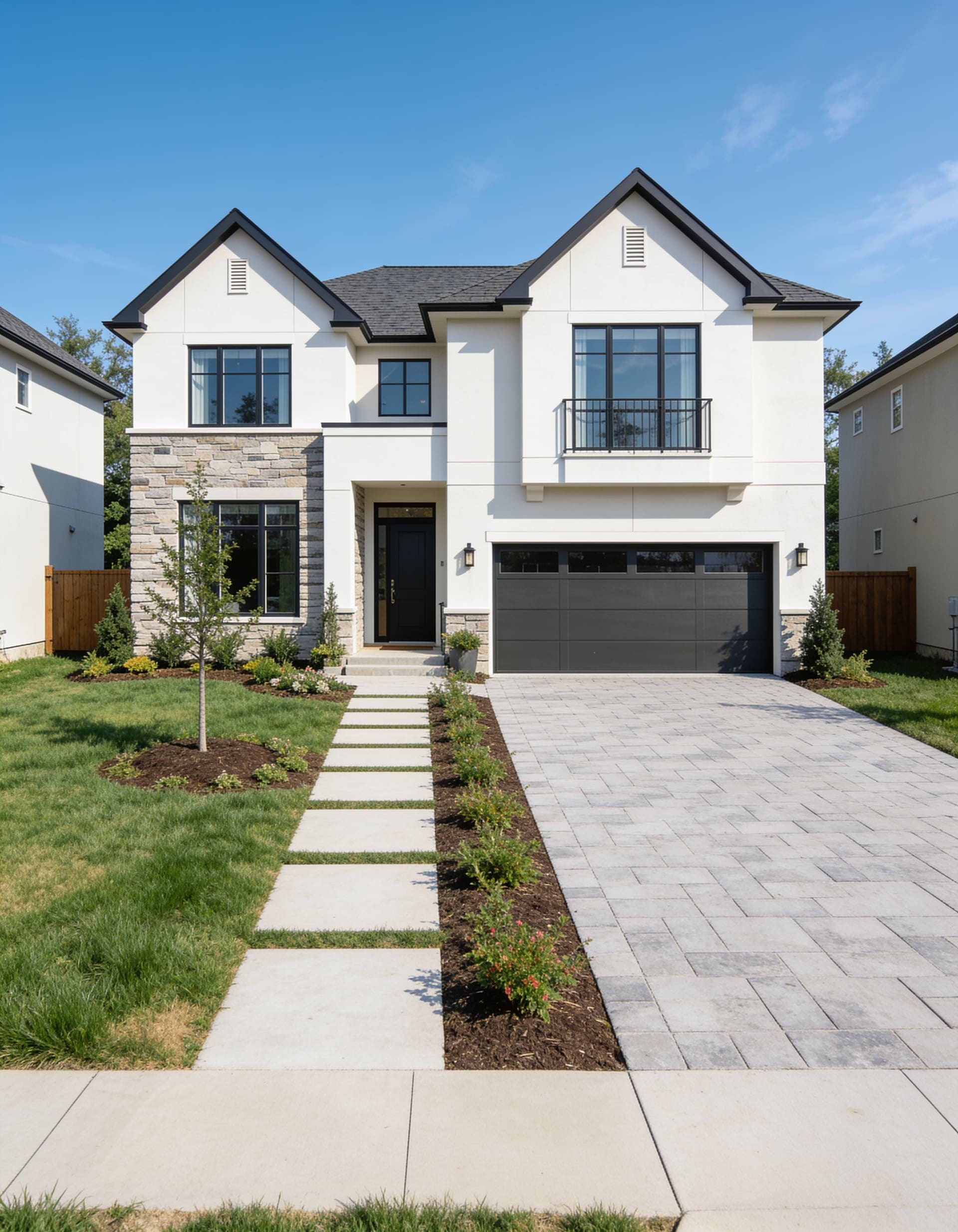 New white two-story home under a clear sky
