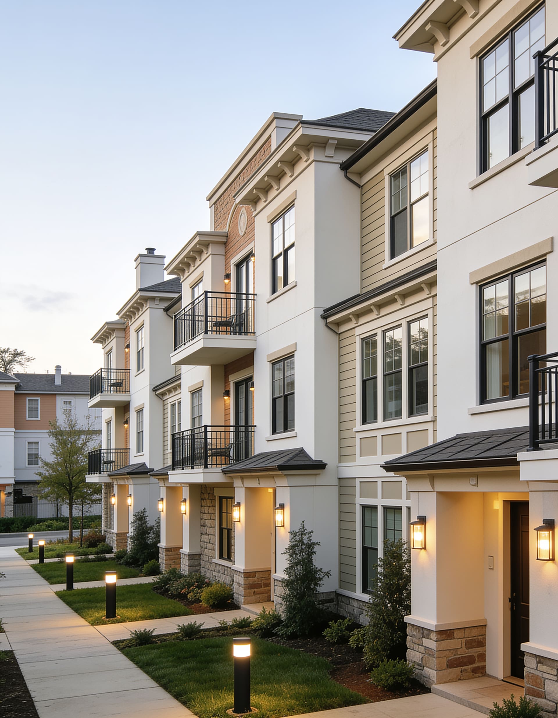 Row of renovated townhomes with landscaped walkway