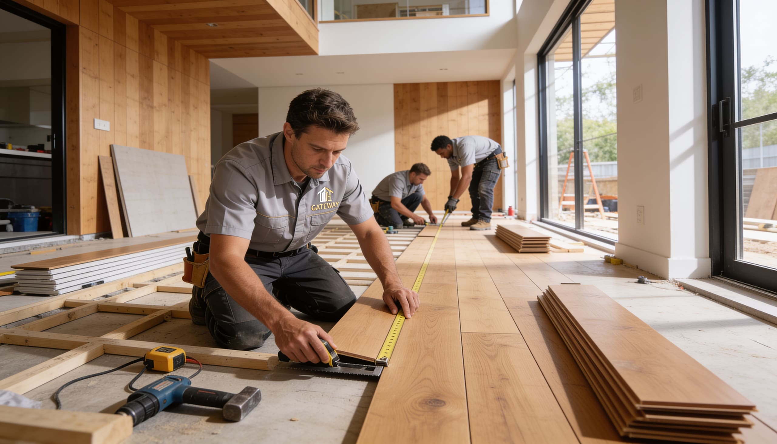 Installer laying wide oak flooring boards in a bright room