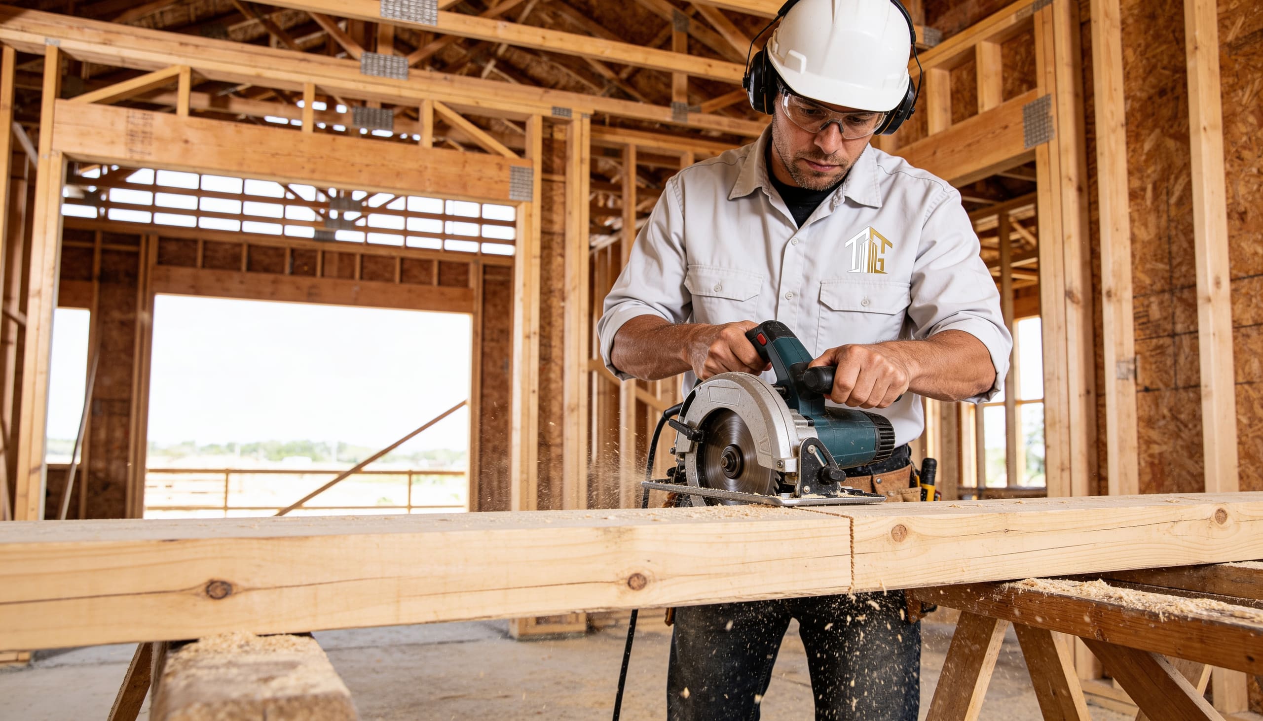 Carpenter cutting lumber with a circular saw inside a timber frame