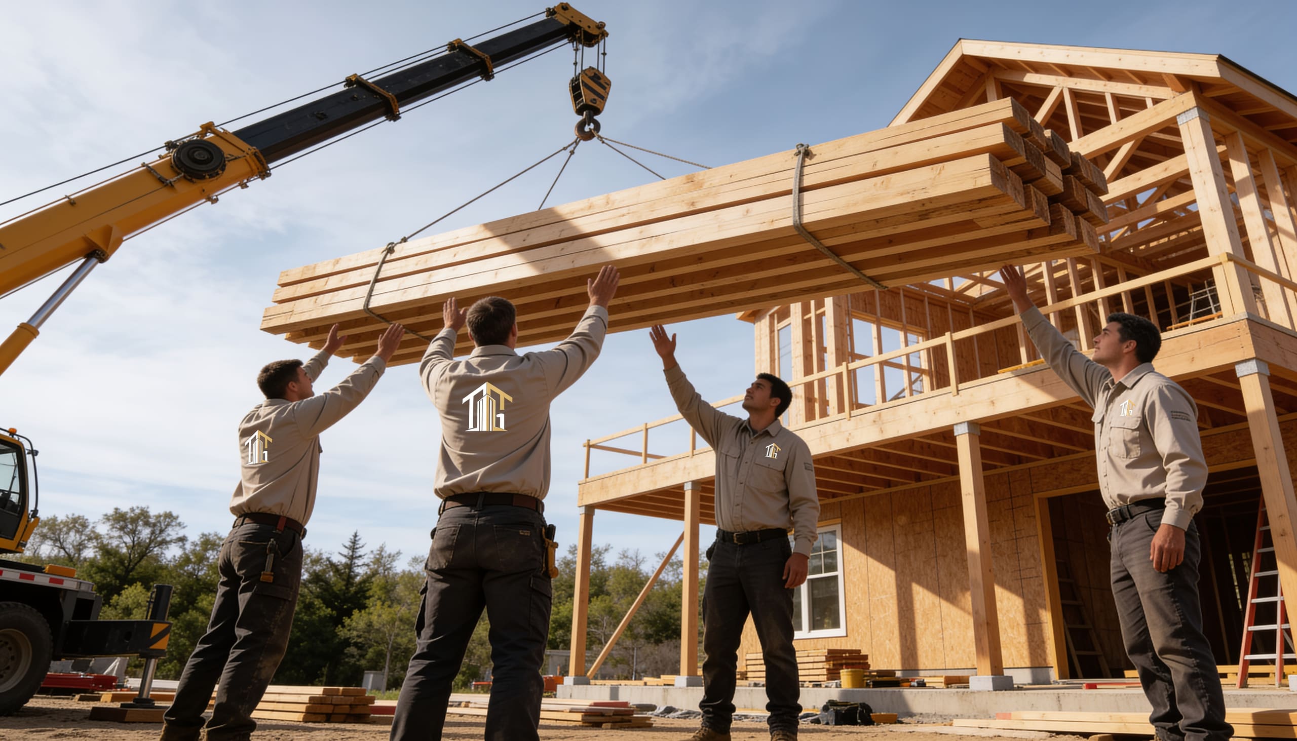 Crew guiding a crane-lifted roof truss into position
