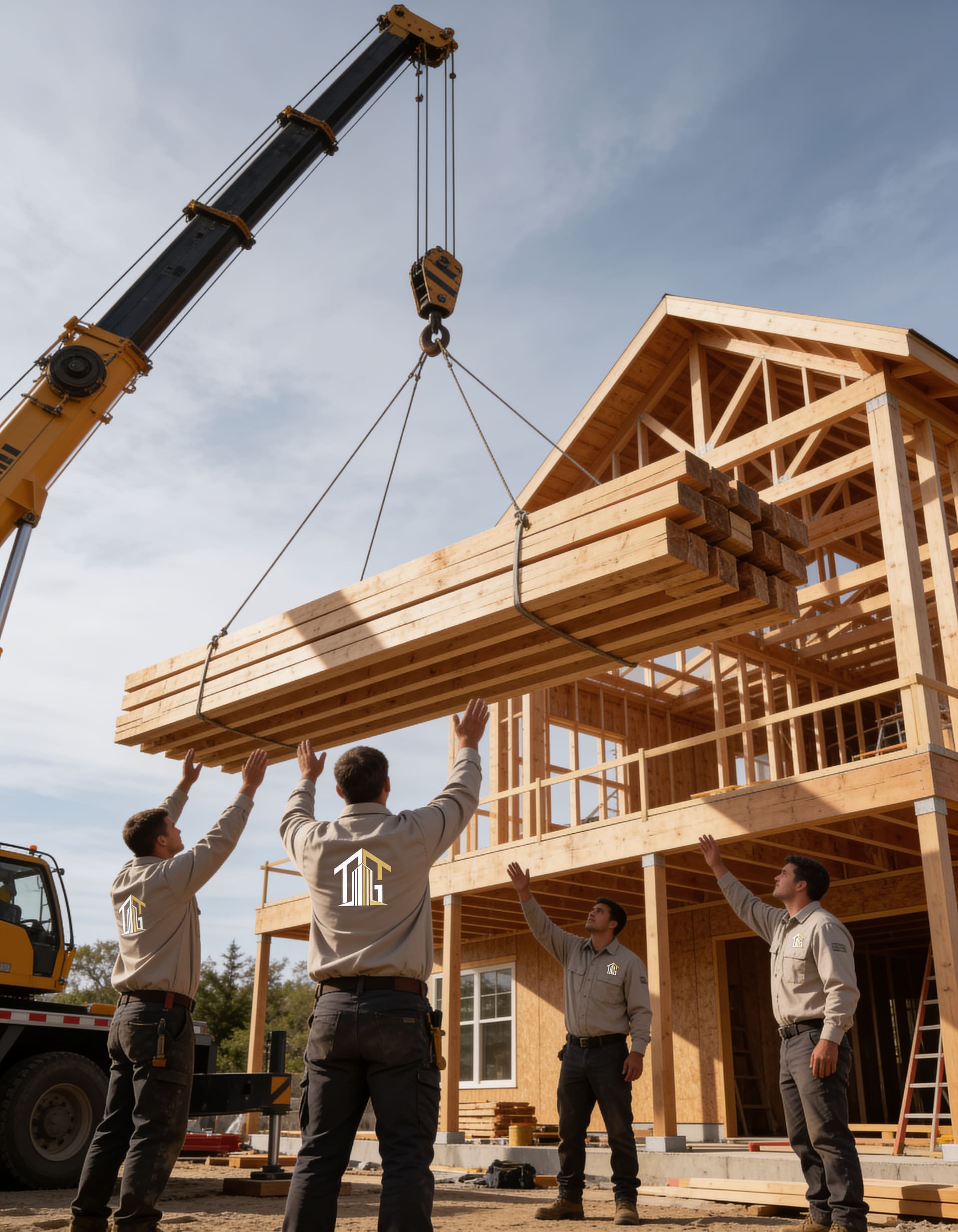 Crew member guiding a crane-lifted framing panel