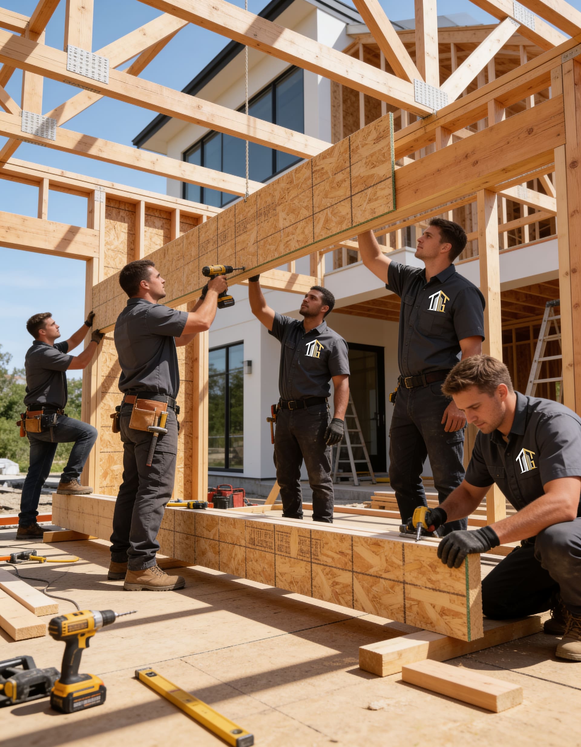 Crew members raising a framed timber wall on site
