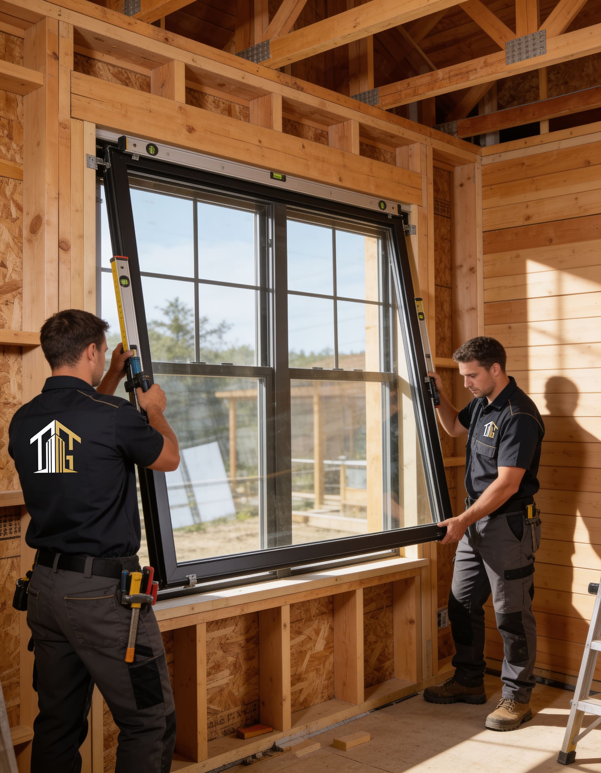 Technicians setting a window frame into a new opening
