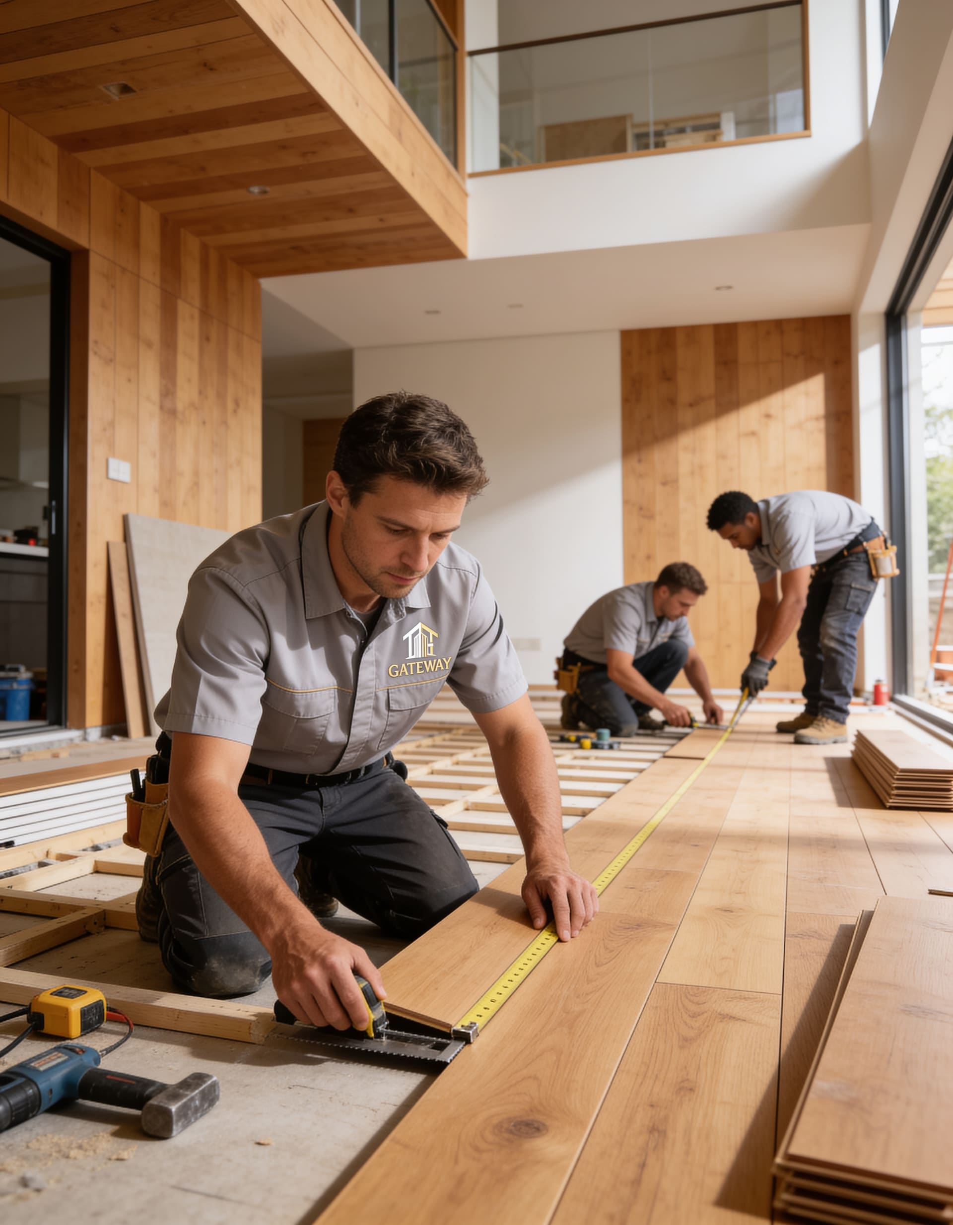 Carpenter measuring a plank inside a timber-framed room