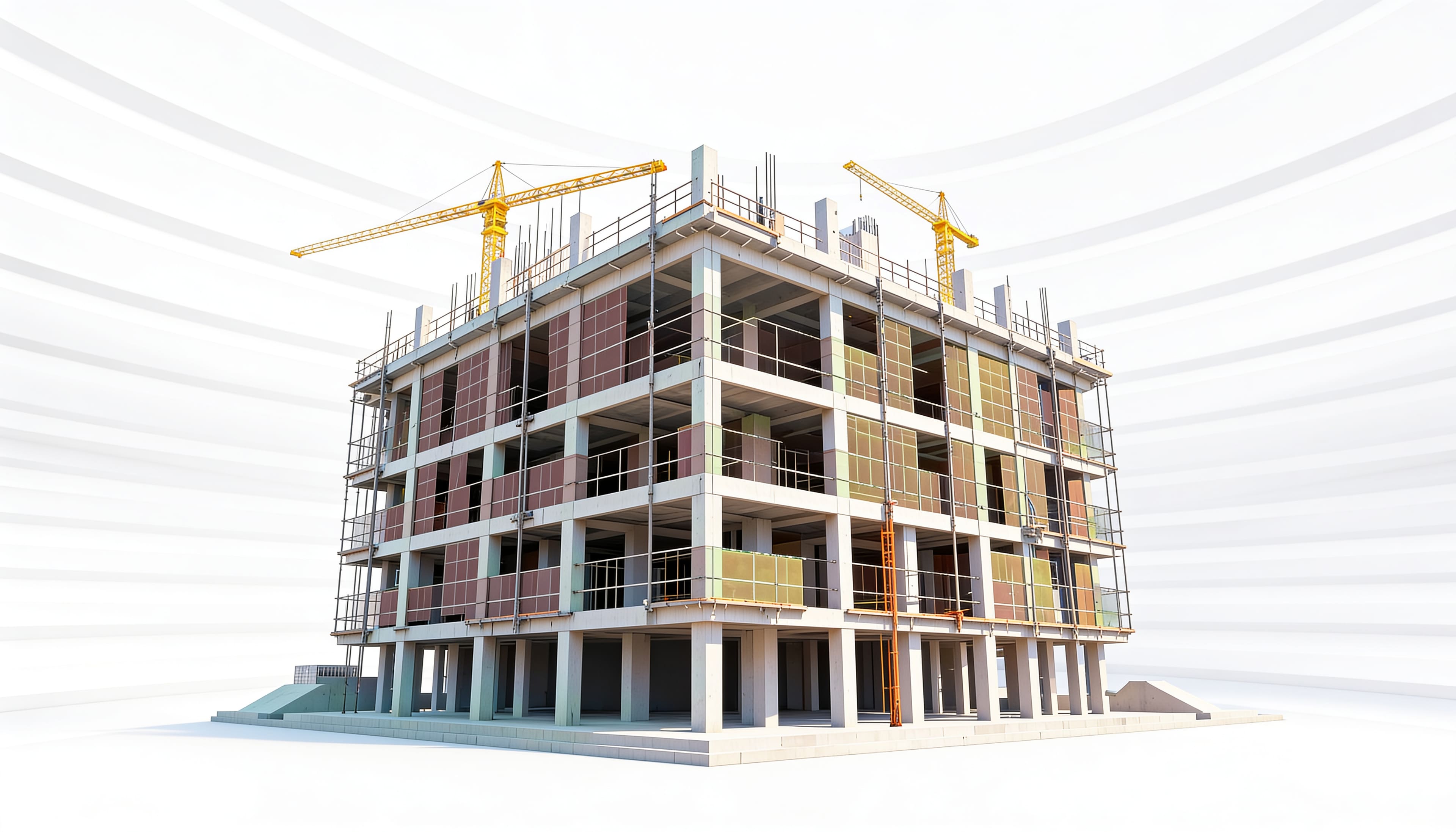 Architectural render of a mid-rise concrete frame with gold tower cranes