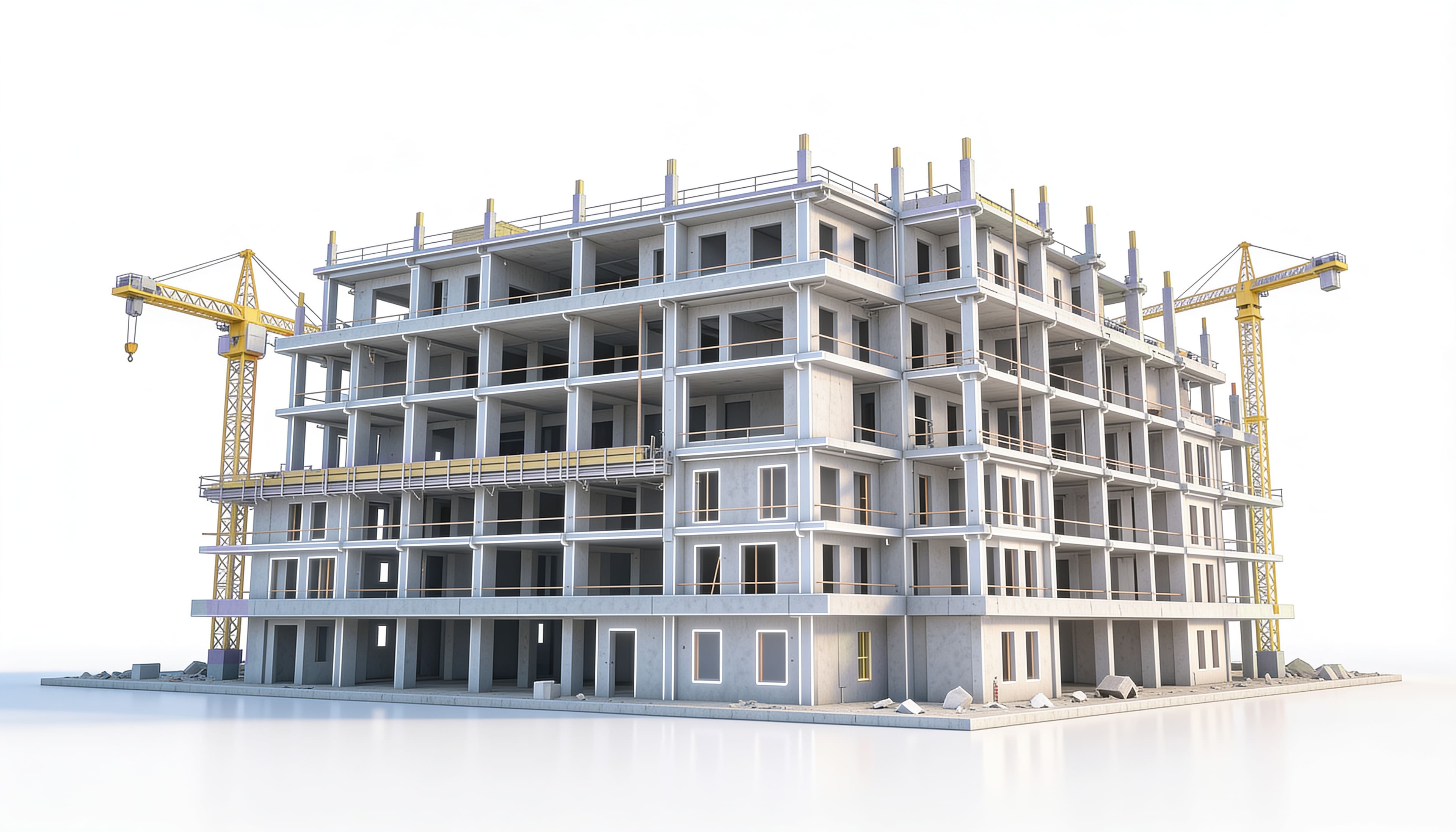 Architectural render of a white residential block under construction with gold cranes