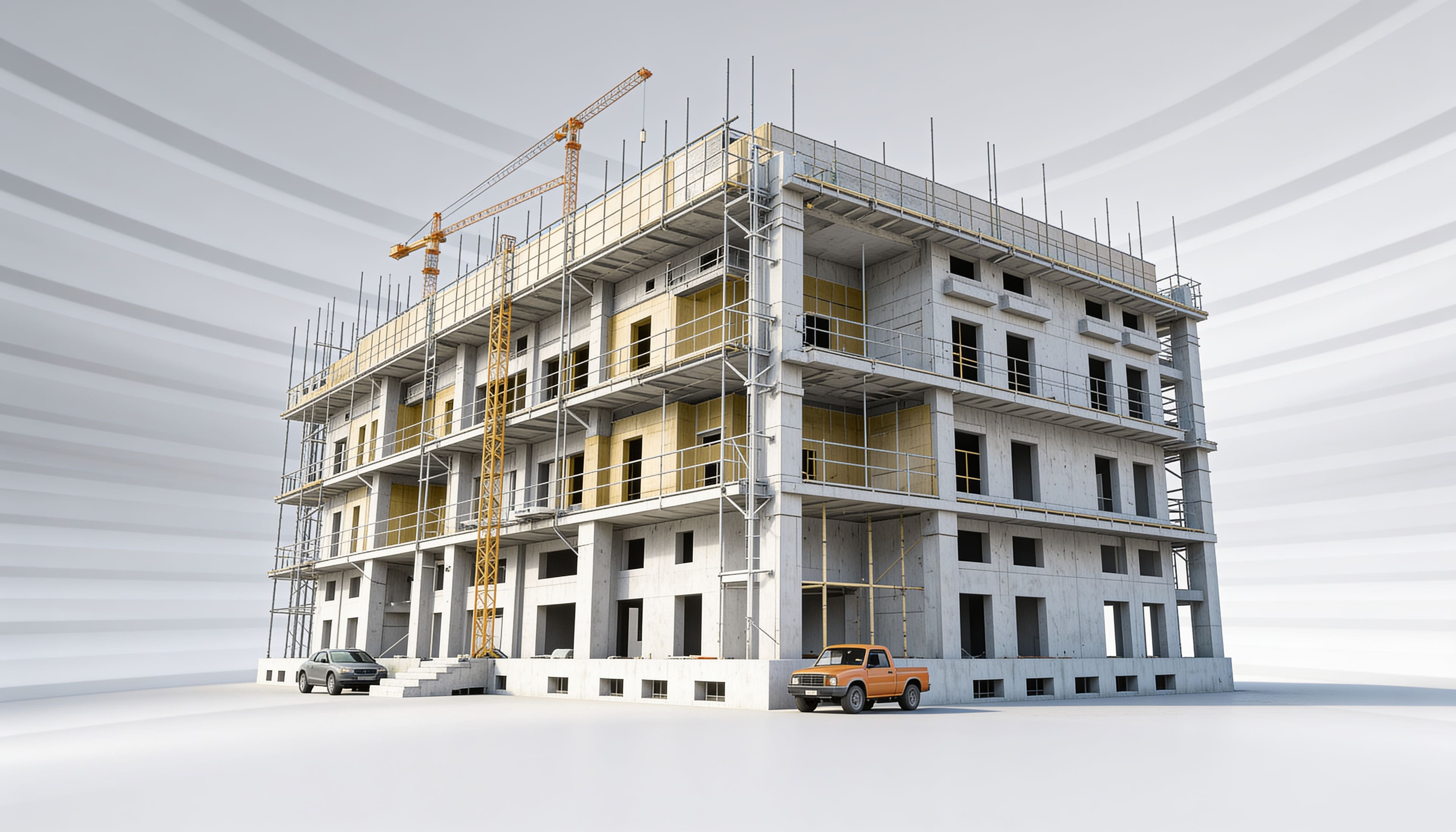 Architectural render of a scaffolded building with a gold construction crane