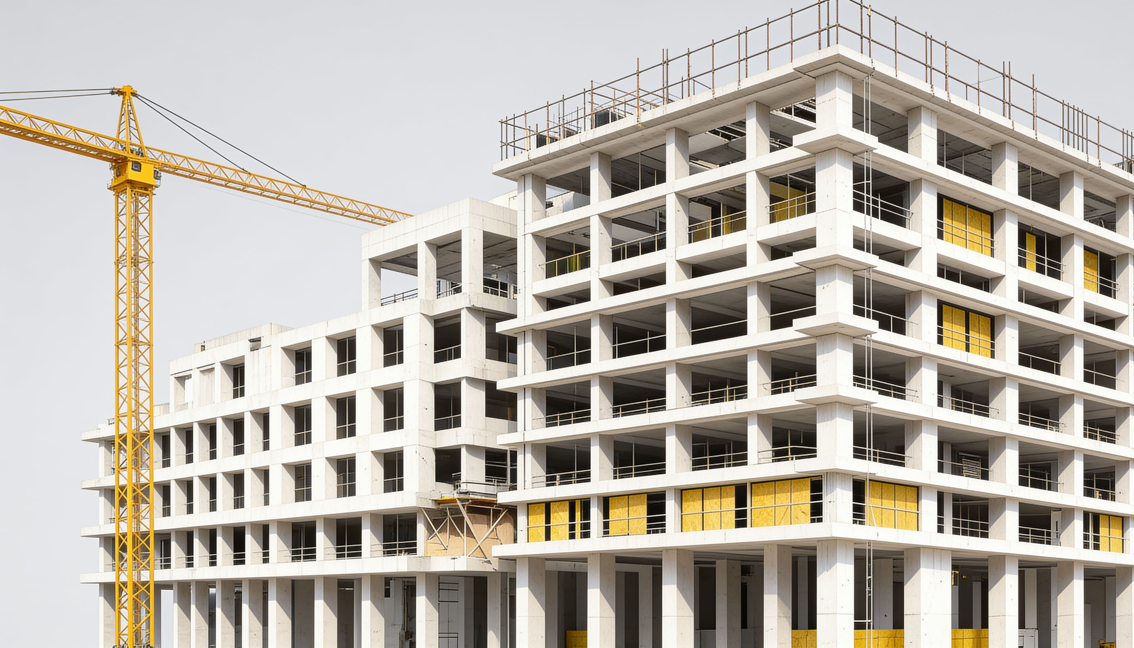 Architectural render of a stepped white modular building beside a gold crane